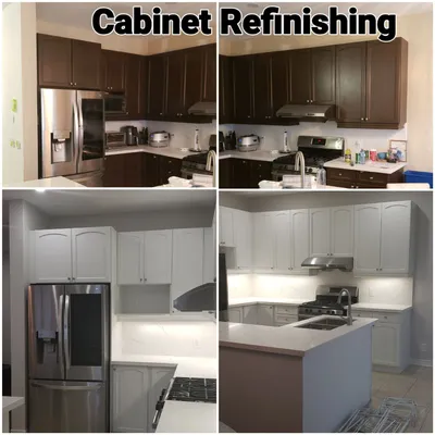 before and after photos of a cabinet refinishing project