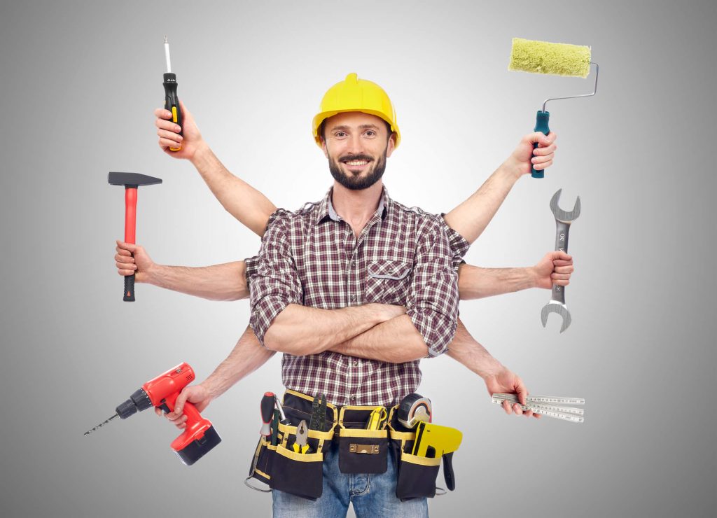 Handyman with multiple arms holding various tools, wearing a hard hat and tool belt, smiling at the camera.