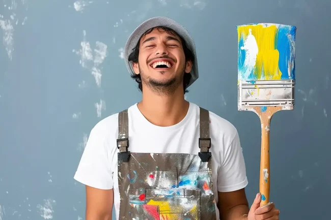 Joyful man with paintbrush and splattered apron against a blue backdrop.