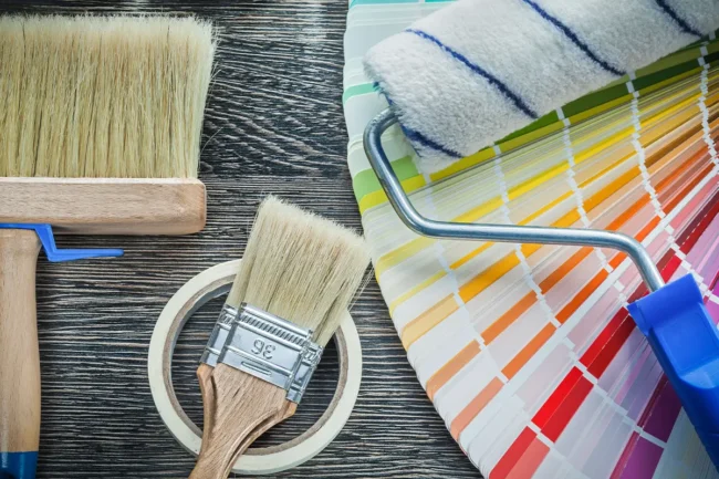 Painting supplies with color swatches on a wooden surface.