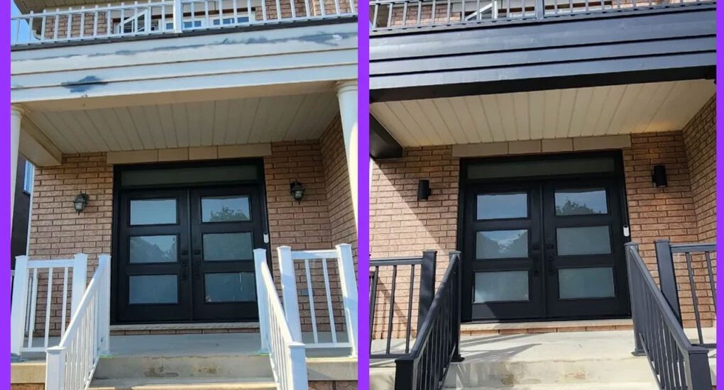 Before and after views of a building entrance where the exterior has been repainted from white to black, including the door, railing, and beams.
