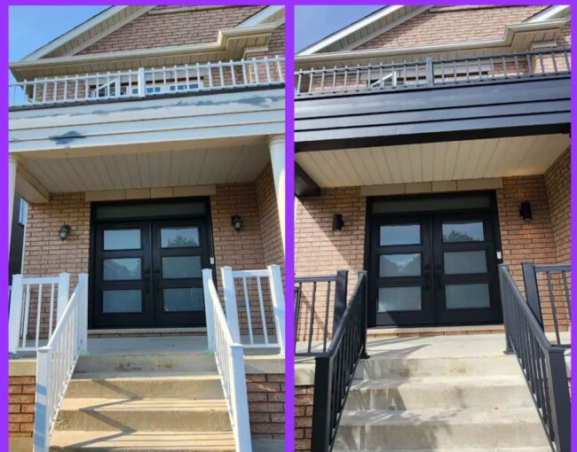 Before and after views of a building entrance where the exterior has been repainted from white to black, including the door, railing, and beams.