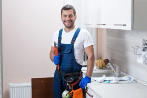 A smiling plumber holding a wrench and standing in a kitchen.