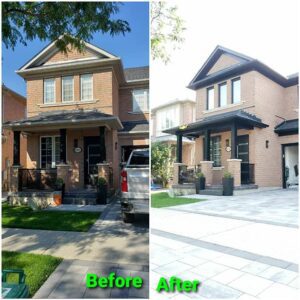 Before and after comparison of a house facade renovation.