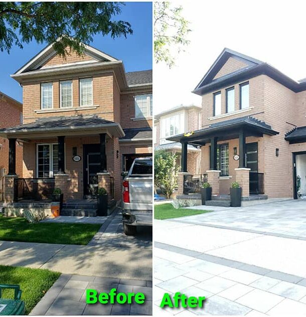 Before and after comparison of a house facade renovation.