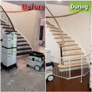 Home renovation showing staircase area comparison: cluttered and untidy before, clearing in progress during.