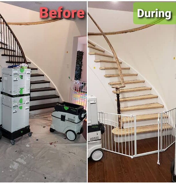 Home renovation showing staircase area comparison: cluttered and untidy before, clearing in progress during.