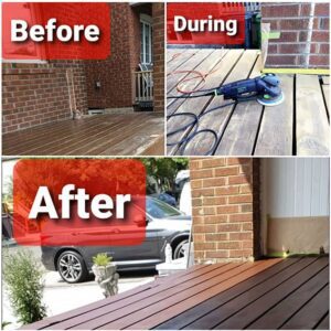 Home renovation stages: before, during, and after power washing a deck.