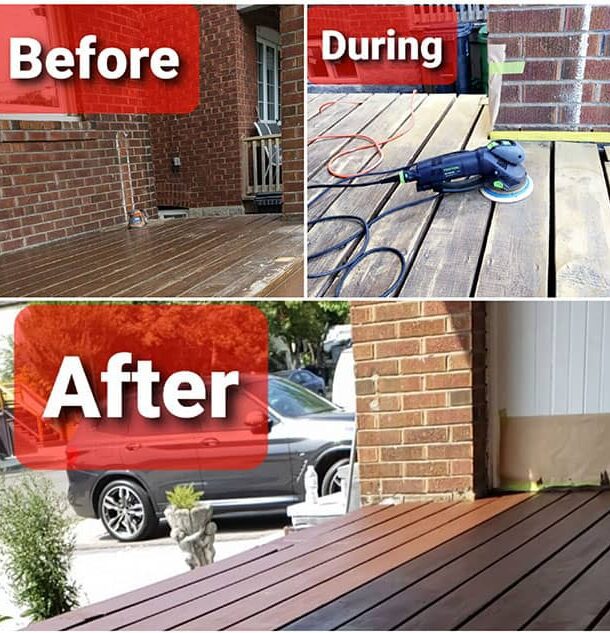 Home renovation stages: before, during, and after power washing a deck.