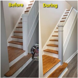 Renovation progress showing staircase before and during painting and refinishing.