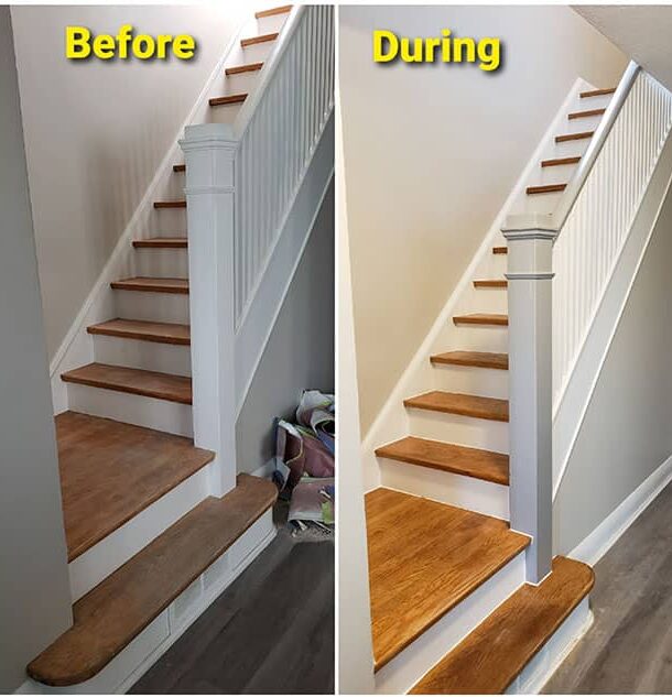 Renovation progress showing staircase before and during painting and refinishing.