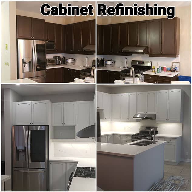 Before and after views of a kitchen cabinet refinishing project, showing dark cabinets transformed into white.