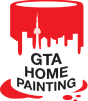 Logo of gta home painting featuring a red paint can with a city skyline and a depiction of the cn tower.