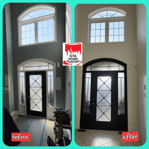 Before and after comparison of a front door, showing the results of a painting and home improvement service.