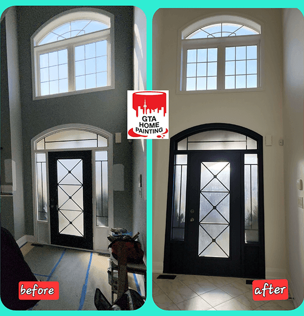 Before and after comparison of a front door, showing the results of a painting and home improvement service.