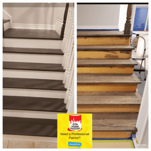 Partially painted wooden staircase with the lower steps painted white, showcasing a before and after comparison for a painting service advertisement.