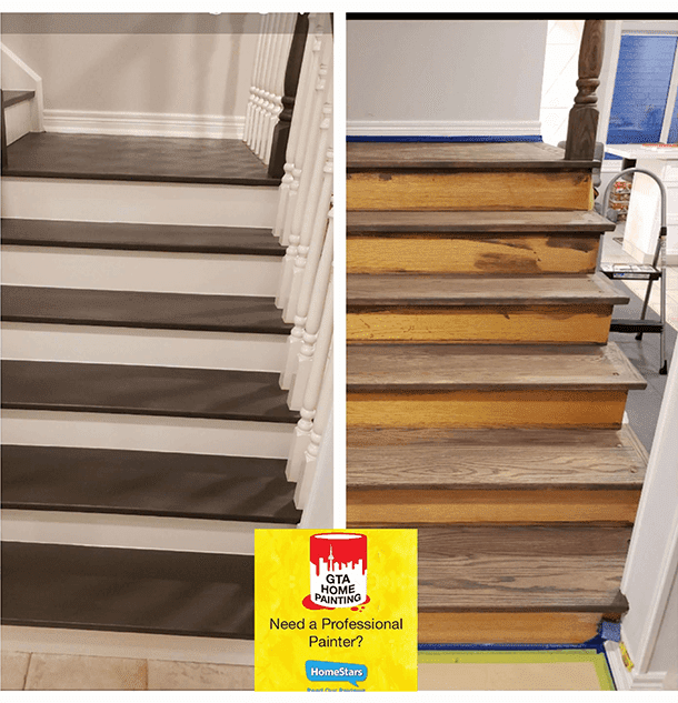 Partially painted wooden staircase with the lower steps painted white, showcasing a before and after comparison for a painting service advertisement.