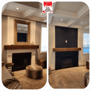 Before and after images of a living room fireplace painting transformation by gta home painting.