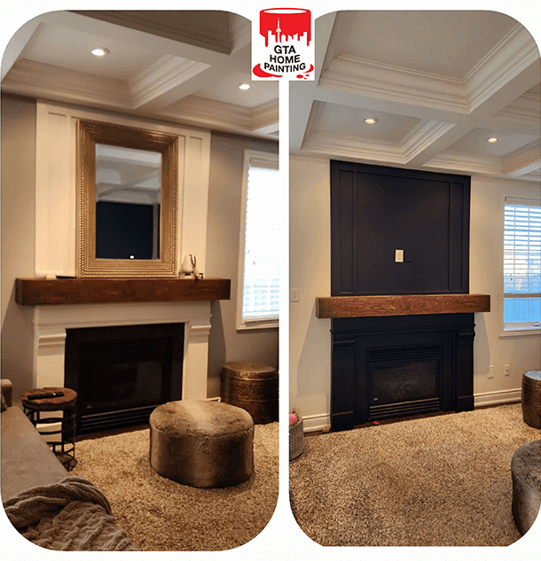 Before and after images of a living room fireplace painting transformation by gta home painting.