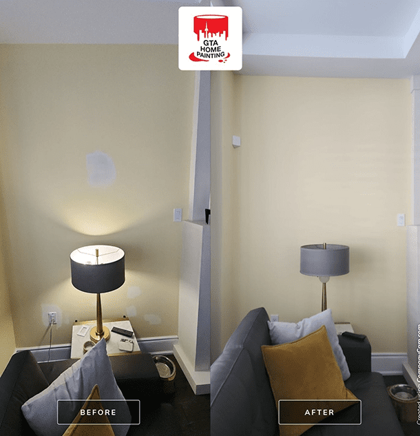 Before and after comparison of a living room wall painted by a professional painting service.