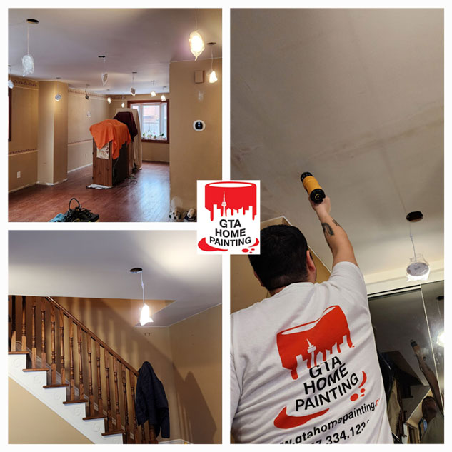A montage of interior house painting work in progress, showing different stages of prep and painting with a focus on the company's branding.