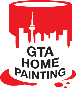 Logo of gta home painting featuring a paint can with a city skyline and a recognizable tower.