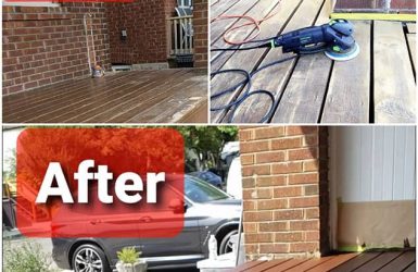 Home renovation stages: before, during, and after power washing a deck.